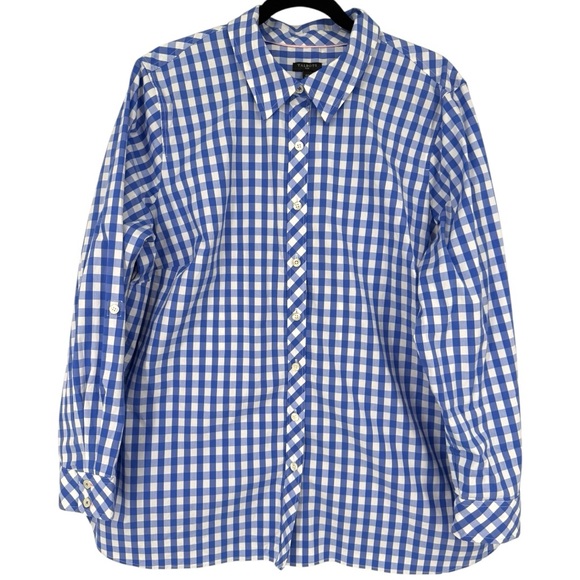 Talbots Blue Gingham Check Button Up Blouse Top Shirt Size 2X‎ Preppy Casual - Picture 3 of 13